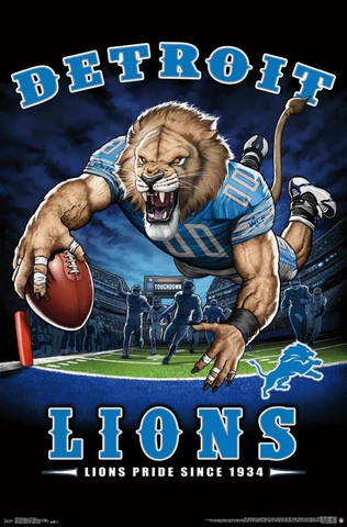 A lion playing football for the Detroit Lions.
