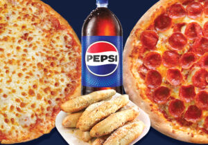 A pizza with breadsticks and pepsie.